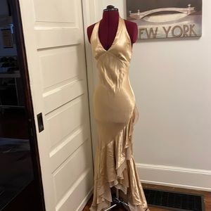 Gold high ligh in front small train in back silk halter top lace back dress